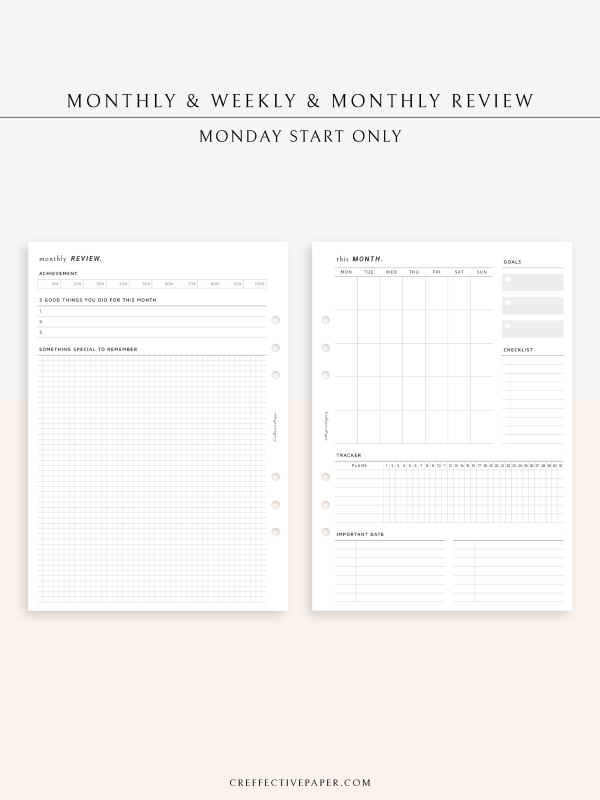 W118 | Monthly+Weekly+Review Total Planner Inserts Template, Monday Start Only Sale