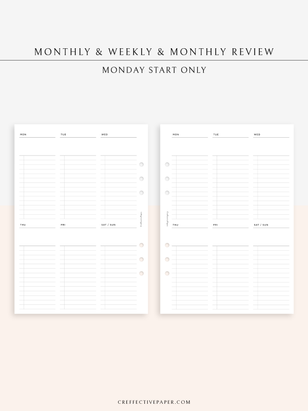 W118 | Monthly+Weekly+Review Total Planner Inserts Template, Monday Start Only Sale