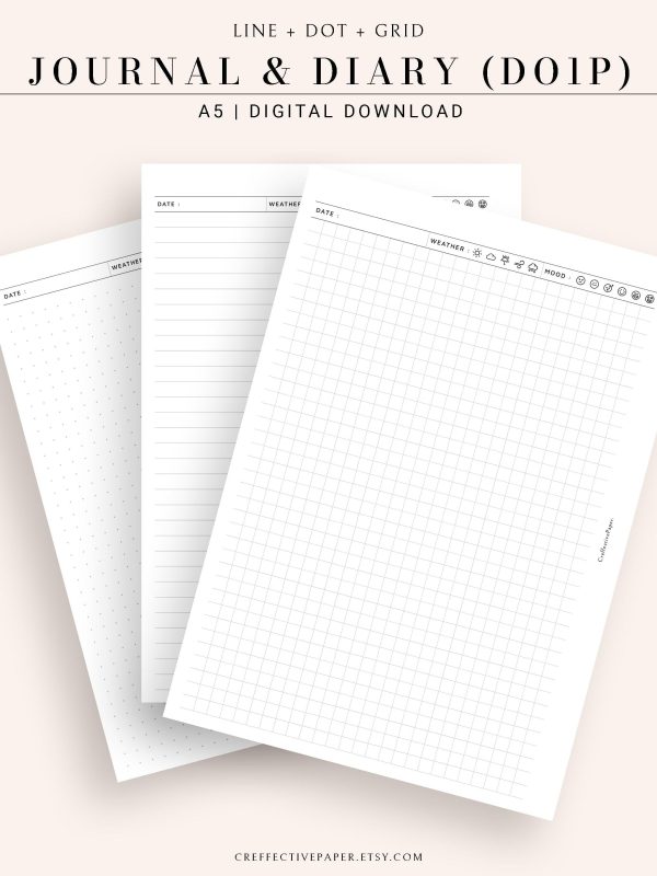 D112_DO1P | Daily Journal Diary Printable Pages, Line Dot Grid Notes Online